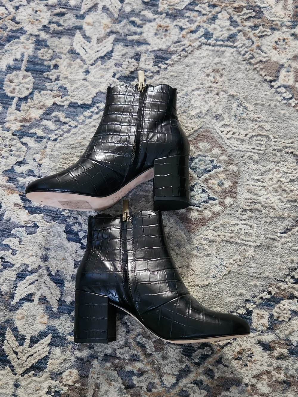 Andre Assous Black Croc-Embossed Ankle Boots Scolloped -Booties